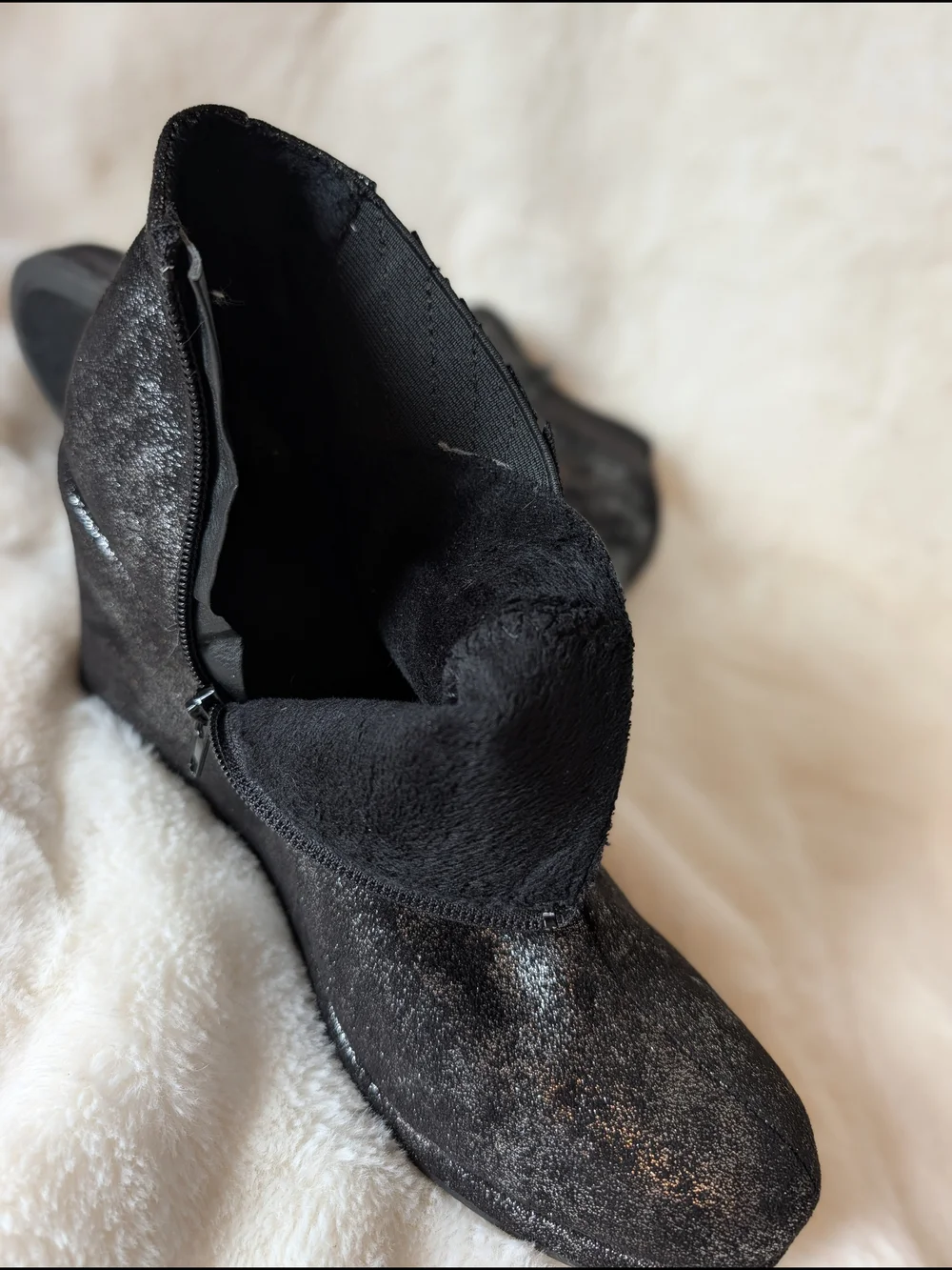 Sparkle Black Wedge Ankle Booties with Side Zip